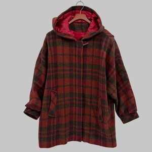 Vintage‎ Mackintosh Wool Coat 14 Red Plaid Dolman Sleeve Hooded Zip Up